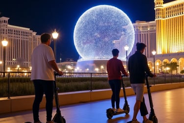 three males admiring the bright lights of the iconic sphere