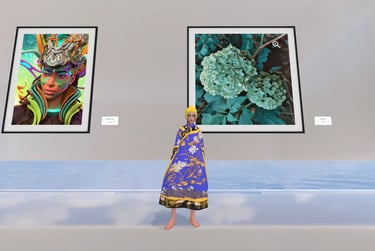 a woman in a blue dress with yellow hair