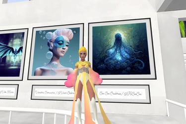 a woman in a yellow dress standing in front of a wall with pictures of a