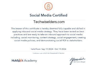a certificate for a social media company