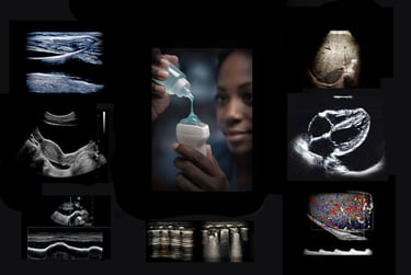Montage of images illustrating the beginning path for a clinician learning hands-on ultrasound for the first time.
