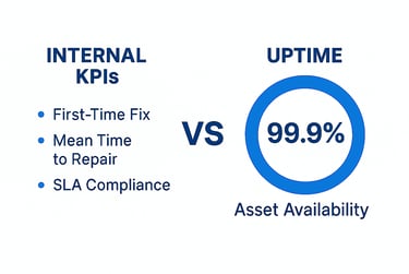 After sales service: internal KPI (first-time-fix, mean-time-to-repair, SLA compliance) vs Uptime