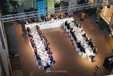 A photograph of the tables at the Navy dinner from the top.