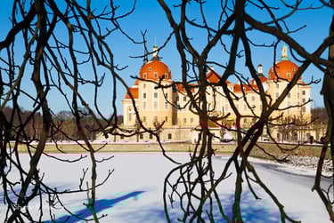 Blick auf Schloss Moritzburg im Winter an einem sonnigen Tag.