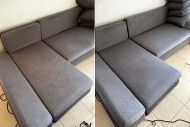nettoyage de canapé : canapé taché avant, canapé propre après