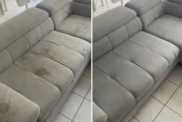 nettoyage de canapé : avant (taché et sale) après (propre sans tache)