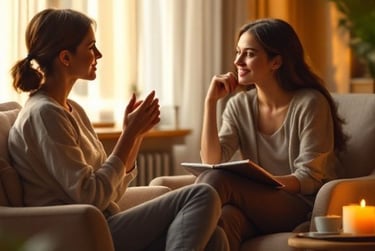 Deux personnes en échange bienveillant, symbolisant un premier contact autour du bien‑être.