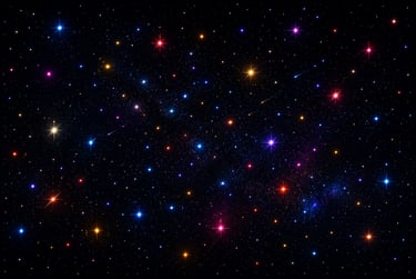 A colorful night sky filled with bright twinkling stars, cosmic nebulae, and glowing constellations in deep space.