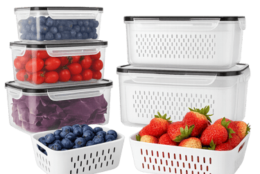 stackable produce storage containers filled with berries tomatoes and greens on a white background