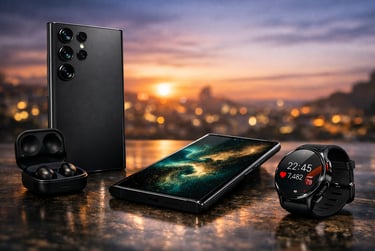 Smartphone Samsung Galaxy, smartwatch e fones de ouvido sem fio em um cenário urbano