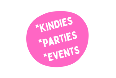 White letters on a pink background spelling Kindies, Parties, Events