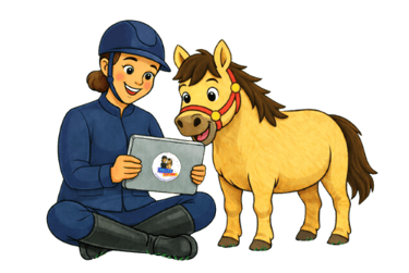 Cartoon Illustration - Ponytante schaut mit Pony Pancake ins Tablet