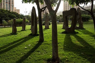 a group of people walking around a park