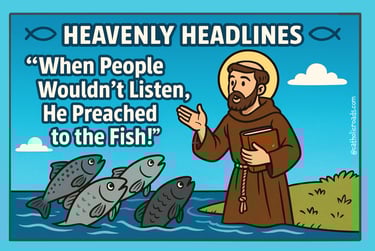 Cartoon of St. Anthony of Padua preaching to fish — inspired by Catholic legend and Scripture,.