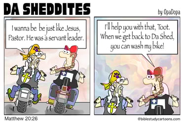 Two cartoon motorcyclists having a conversation while riding.