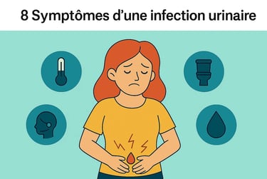 Femme avec douleur au bas-ventre entourée d’icônes illustrant les symptômes d’une infection urinaire, recherchesante.com