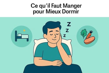 Homme endormi paisiblement, entouré d’icônes représentant un lit et des aliments favorisant le sommeil, recherchesante.com