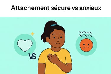 Illustration d’une femme entre un cœur symbolisant l’attachement sécure et un visage inquiet représentant l’attachement anxie