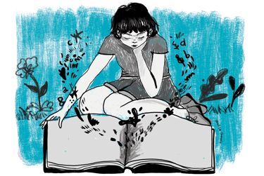 Una mujer leyendo un libro del que salen muchas cosas