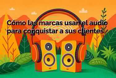 Imagen prediseñada de unos auriculares sobre unos altavoces con una paleta de colores consistentes 