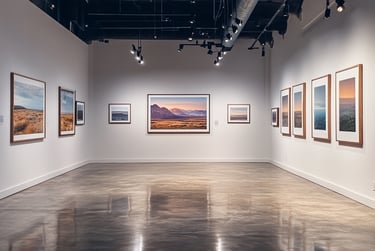 Galerie d'art moderne avec des photographies de paysages encadrées, éclairées par des spots dans une ambiance épurée et sophi