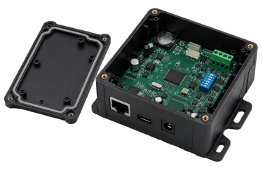 PCB circuit board alongside its matching custom injection-molded plastic enclosure 