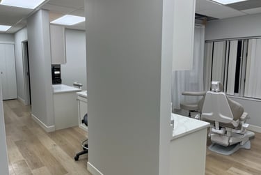 a dental office with a chair.