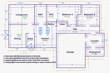 Example floor plan and information needed for Manual JS Room by room load calcultions