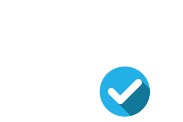 white abstract calendar icon with white checkmark on a blue circle background