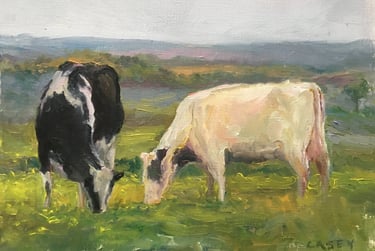a painting of two cows grazing in a field