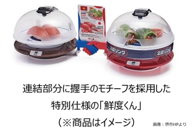 くら寿司の抗菌寿司カバー「鮮度くん」を連結し、握手モチーフで特産品フェアを表現した特別仕様イメージ｜堺市のニュースならサカイタイムズ