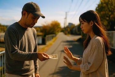 堺市西区太平寺付近で男が女性に金を渡そうとする場面を再現したイメージ画像|堺市のニュースならサカイタイムズ