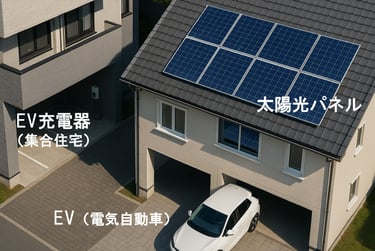 堺市の補助事業である太陽光パネルやEV充電器など機器が住宅に設置されている画像