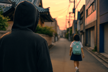 不審者が女児の後ろを歩く画像
