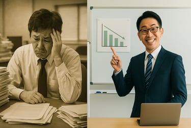 セピア調の過去写真で紙が山積みの職員と、現代の机がすっきりした職員を並べた16:9比較画像|堺市のニュースならサカイタイムズ