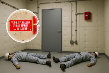 自家発電機室で倒れている作業員2人と二酸化炭素消火設備のイメージ画像|堺市のニュースならサカイタイムズ
