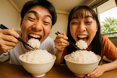 大阪府大学生等若者への食費支援事業で白ごはんを食べる若い男女のイメージ画像｜堺市のニュースならサカイタイムズ