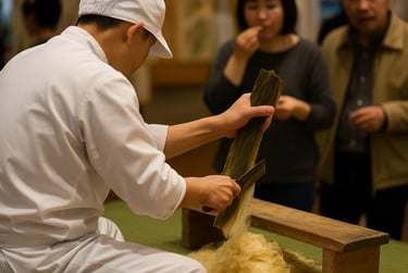 職人が堺伝匠館で昆布を薄く削る手すき昆布の実演を行い、来場者が試食している様子のイメージ画像｜堺市のニュースならサカイタイムズ