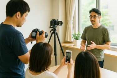 動画作成講習会で講師が受講者に撮影指導し、参加者がカメラやスマホで実習する様子のイメージ画像｜堺市のニュースならサカイタイムズ