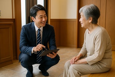 社員がタブレット端末を持ち高齢者と座って話しているイメージ画像｜堺市のニュースならサカイタイムズ
