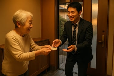 特殊詐欺で警察官を名乗る男にキャッシュカードを手渡す高齢者のイメージ画像｜堺市のニュースならサカイタイムズ