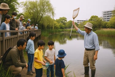 親子が池のほとりで講師の説明を聞きながら水生生物を観察しているイメージ画像|堺市のニュースならサカイタイムズ
