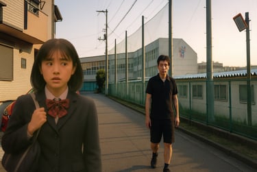 路上で黒色の服を着た中年男がスマートフォンを手に女子中学生の後ろを歩くイメージ画像｜堺市のニュースならサカイタイムズ