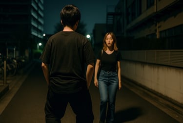 夜の路上で女性の前に立つ黒服の男を写した公然わいせつ事件発生のイメージ画像|堺市のニュースならサカイタイムズ