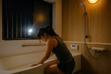 女性が浴室を掃除中に外から不審者にスマホで写真を撮られている画像