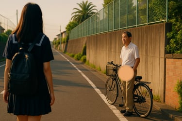 堺市で起きた公然わいせつ事案。高齢男性が道路で下半身を露出しているニュースのイメージ画像。夕方の堺市の道路で高齢男性と女子高生が対面している。