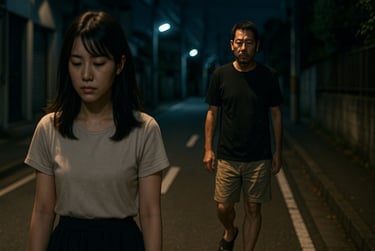 深夜の住宅街で不審な男が女性を尾行している画像