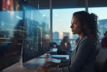 a woman sitting at a desk with a computer monitor and a keyboard