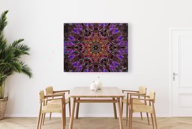 Canvas print on wall in a dinning room with an abstract kaleidoscope design on it.