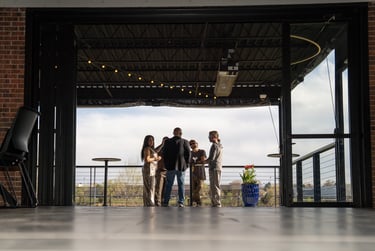 The covered, heated patio that is part of the event space at Gather at Lakeside